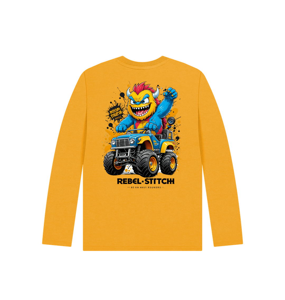 Mustard Rebel Stitch Premium Cotton Long Sleeve Kids T-Shirt Monster Truck Back Print #1