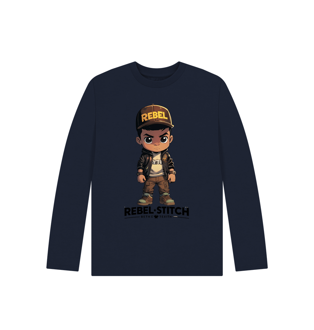 Navy Blue Rebel Stitch Premium Cotton Long Sleeve Kids T-Shirt Rebel Kids Front Print #1