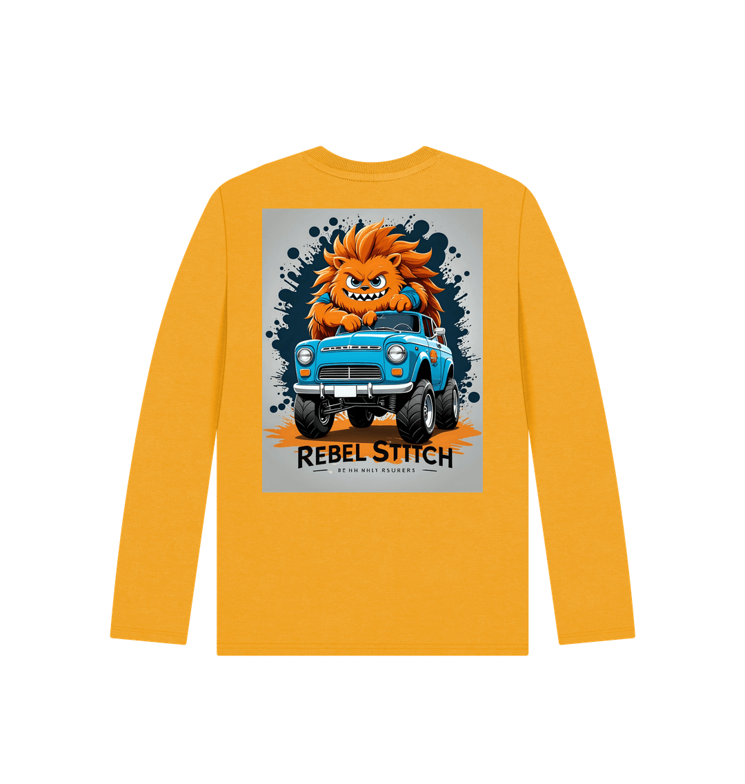 Mustard Rebel Stitch Premium Cotton Long Sleeve Kids T-Shirt Monster Truck Back Print #2