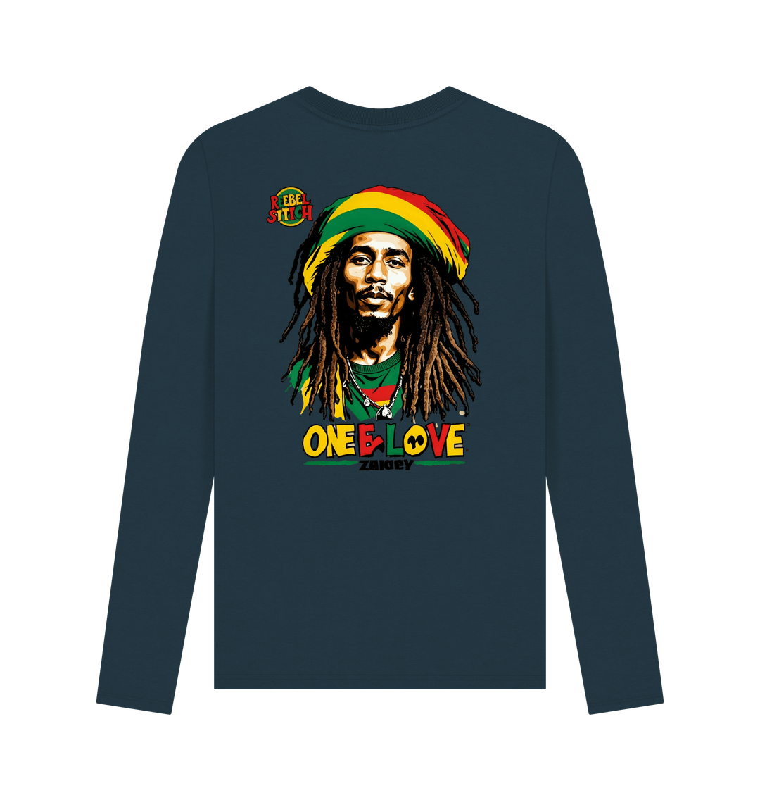 Denim Blue Rebel Stitch Premium Cotton Long Sleeve T-Shirt Zion-One Love Back Print #2