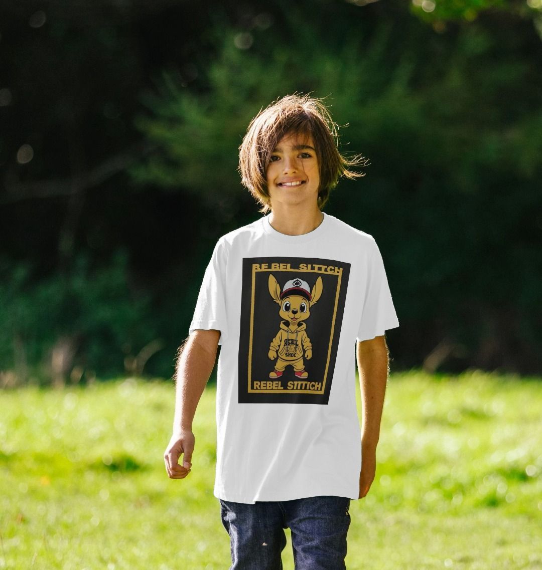 Camiseta de manga corta para niños de algodón prémium Rebel Stitch con estampado frontal en la línea principal n.° 3