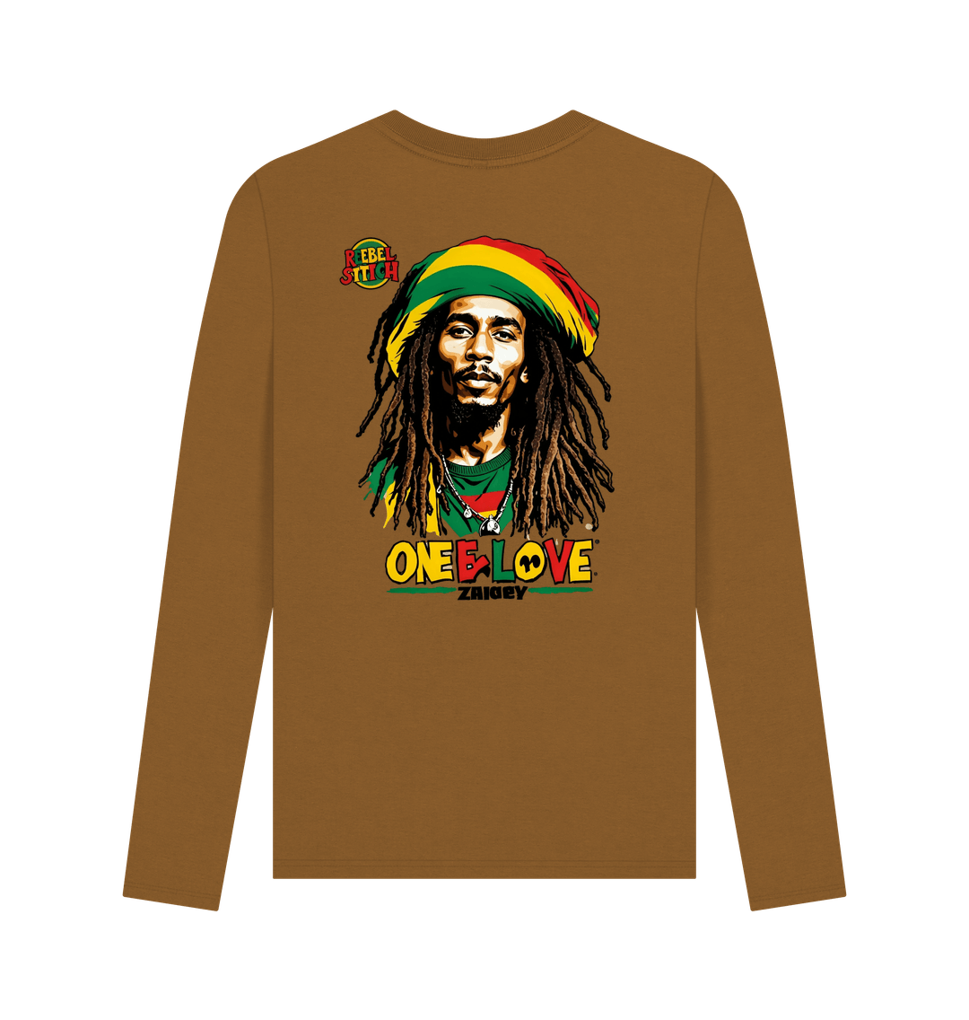 Brown Rebel Stitch Premium Cotton Long Sleeve T-Shirt Zion-One Love Back Print #2