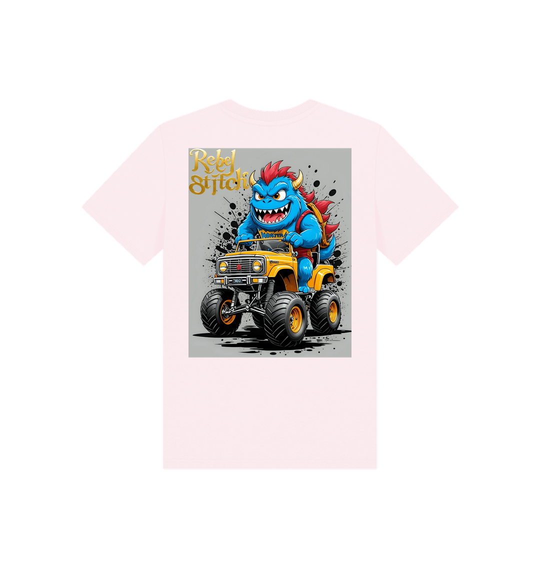 Pink Rebel Stitch Premium Cotton Short Sleeve Kids T-Shirt Monster Truck Back Print #4