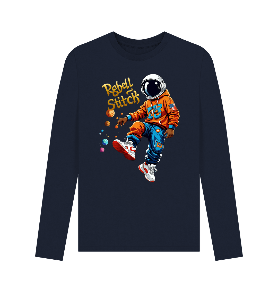 Navy Blue Rebel Stitch Premium Cotton Long Sleeve T-Shirt Space Edition Front Print #3