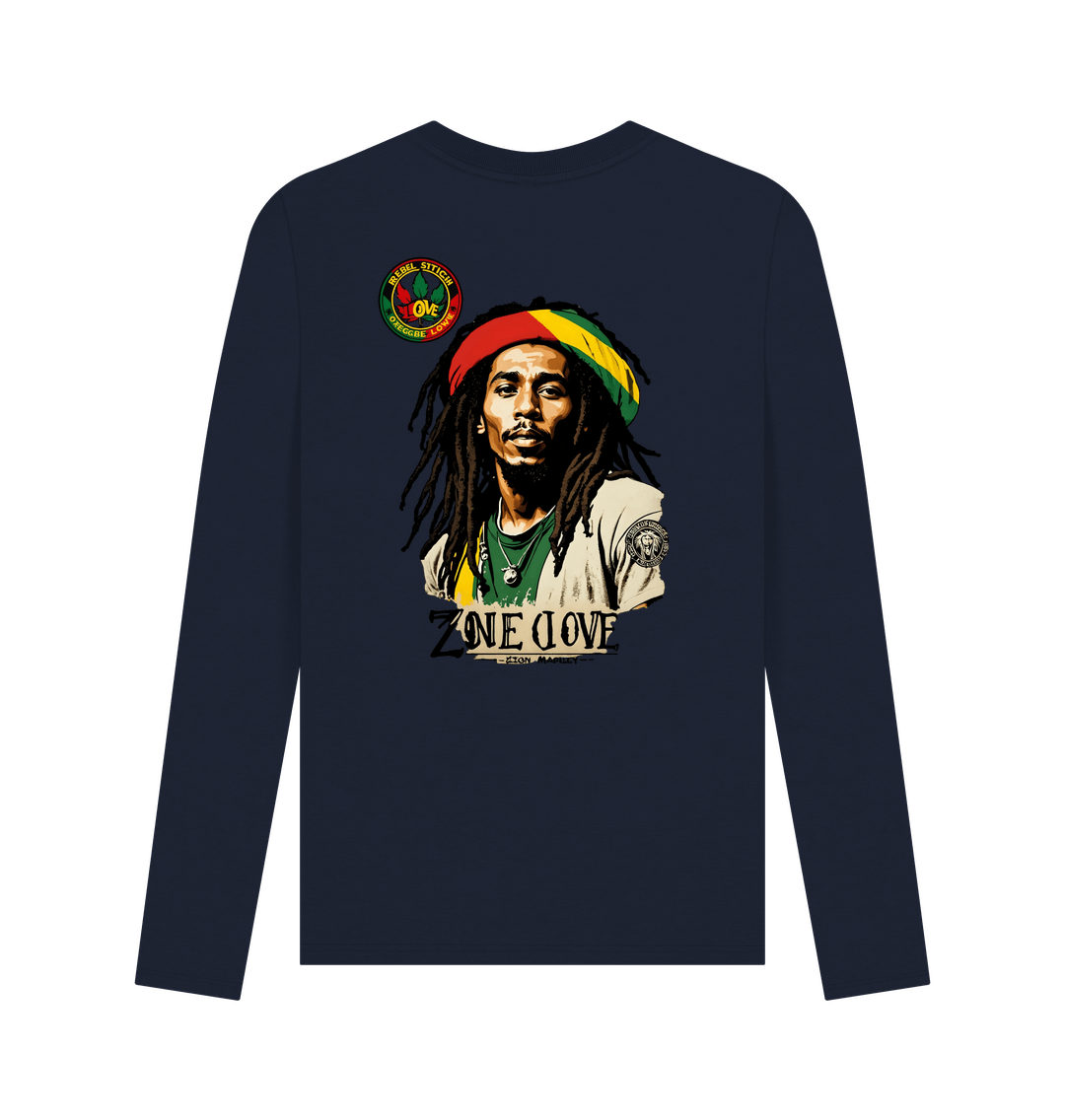 Navy Blue Rebel Stitch Premium Cotton Long Sleeve T-Shirt Zion-One Love Back Print #4