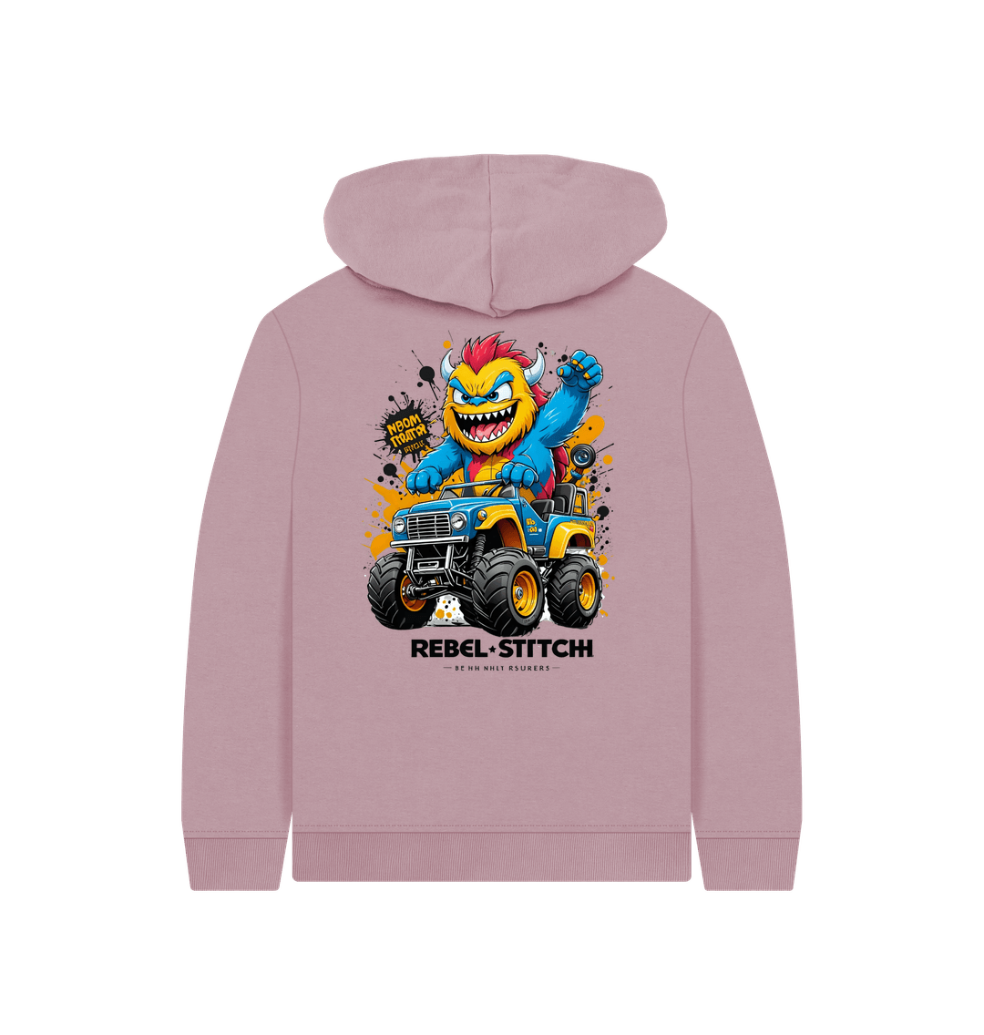 Mauve Rebel Stitch Premium Cotton Kids Hoodie Monster Truck Back Print #1