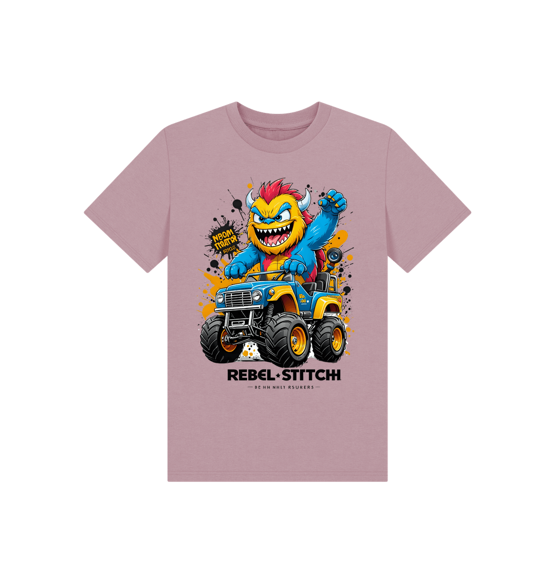 Mauve Rebel Stitch Premium Cotton Short Sleeve Kids T-Shirt Monster Truck Front Print #1