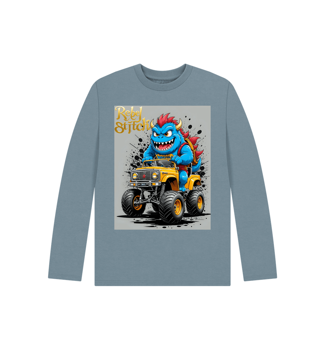 Stone Blue Rebel Stitch Premium Cotton Long Sleeve Kids T-Shirt Monster Truck Front Print #4