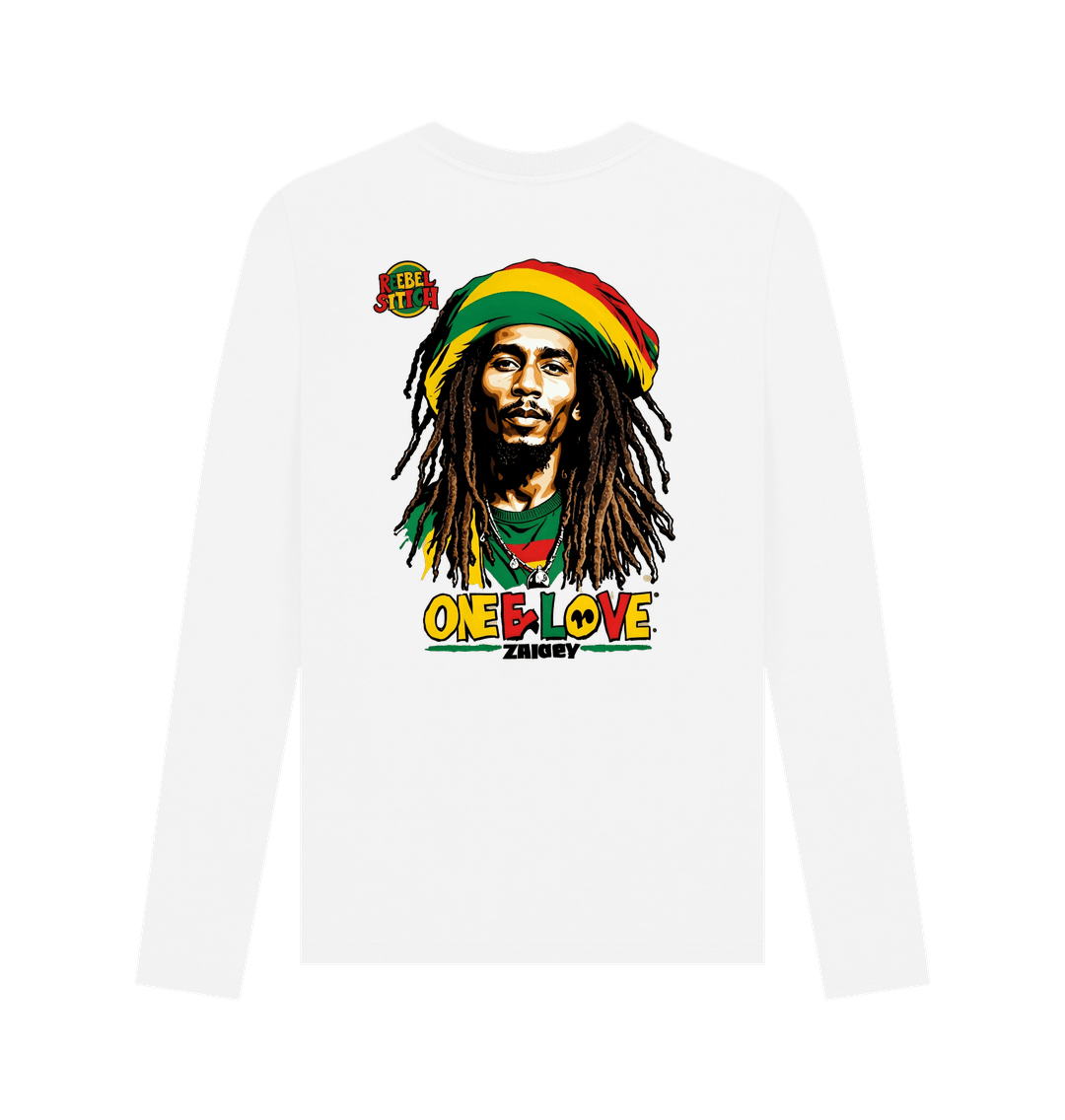 White Rebel Stitch Premium Cotton Long Sleeve T-Shirt Zion-One Love Back Print #2