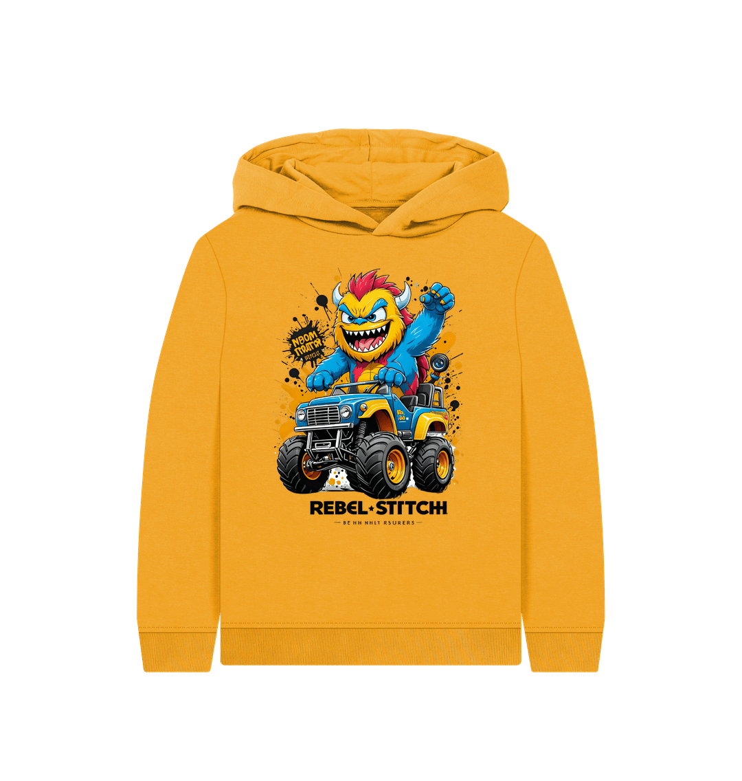 Mustard Rebel Stitch Premium Cotton Kids Hoodie Monster Truck Front Print #1