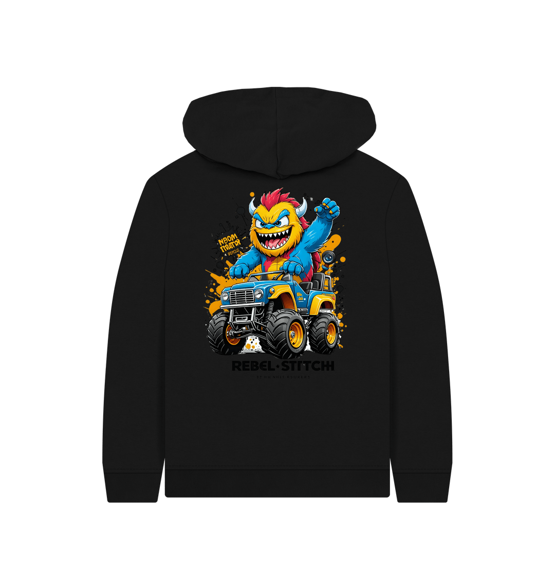 Black Rebel Stitch Premium Cotton Kids Hoodie Monster Truck Back Print #1