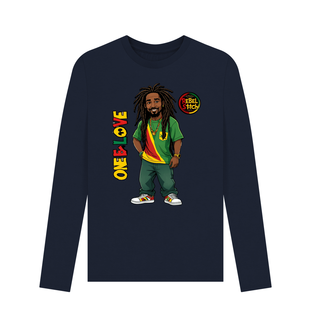 Navy Blue Rebel Stitch Premium Cotton Long Sleeve T-Shirt Zion-One Love Front Print #1