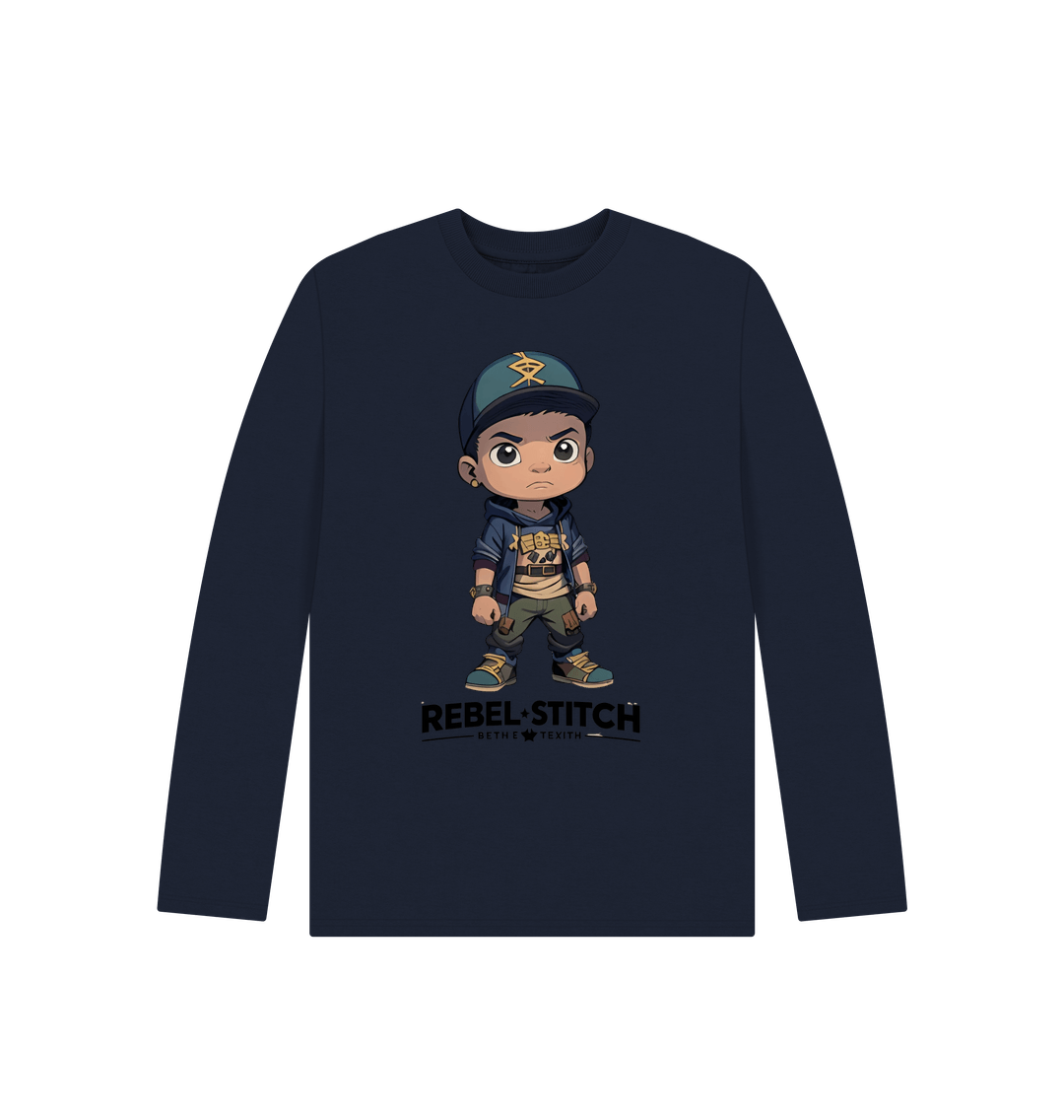 Navy Blue Rebel Stitch Premium Cotton Long Sleeve Kids T-Shirt Rebel Kids Front Print #3