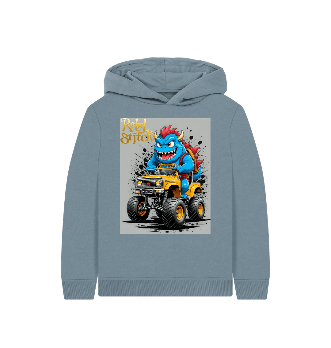 Stone Blue Rebel Stitch Premium Cotton Kids Hoodie Monster Truck Front Print #4