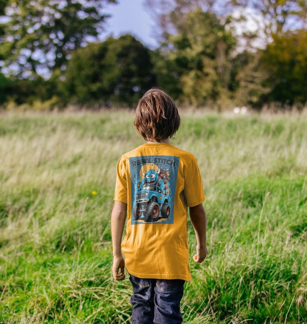 Camiseta de manga corta para niños de algodón premium Rebel Stitch con estampado de Monster Truck en la espalda n.° 3