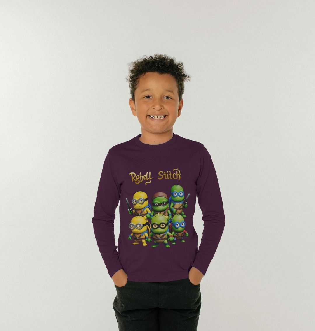 Rebel Stitch Premium Cotton Long Sleeve Kids T-Shirt TMNM Front Print #1