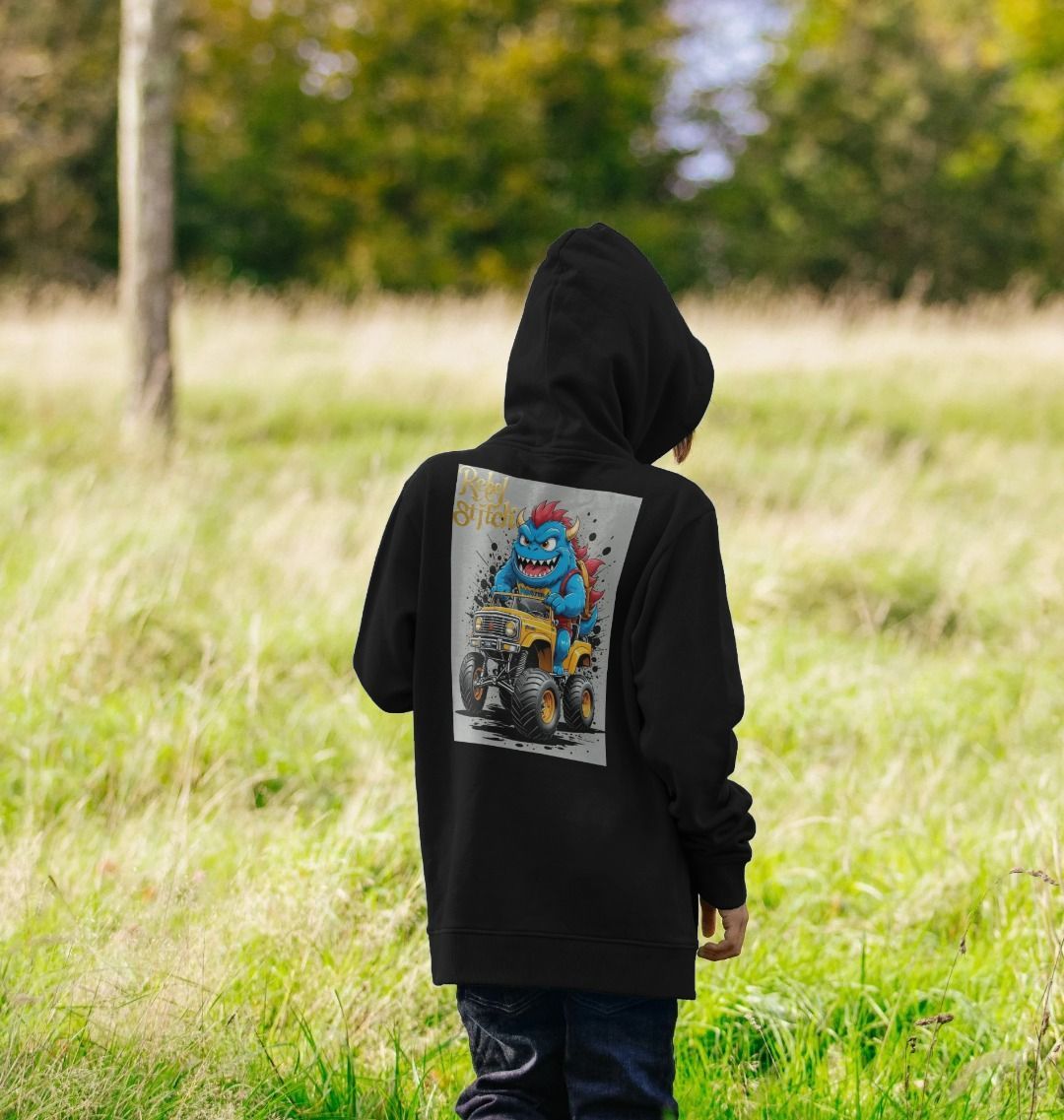 Sudadera con capucha de algodón premium para niños Rebel Stitch con estampado de Monster Truck en la espalda n.° 4